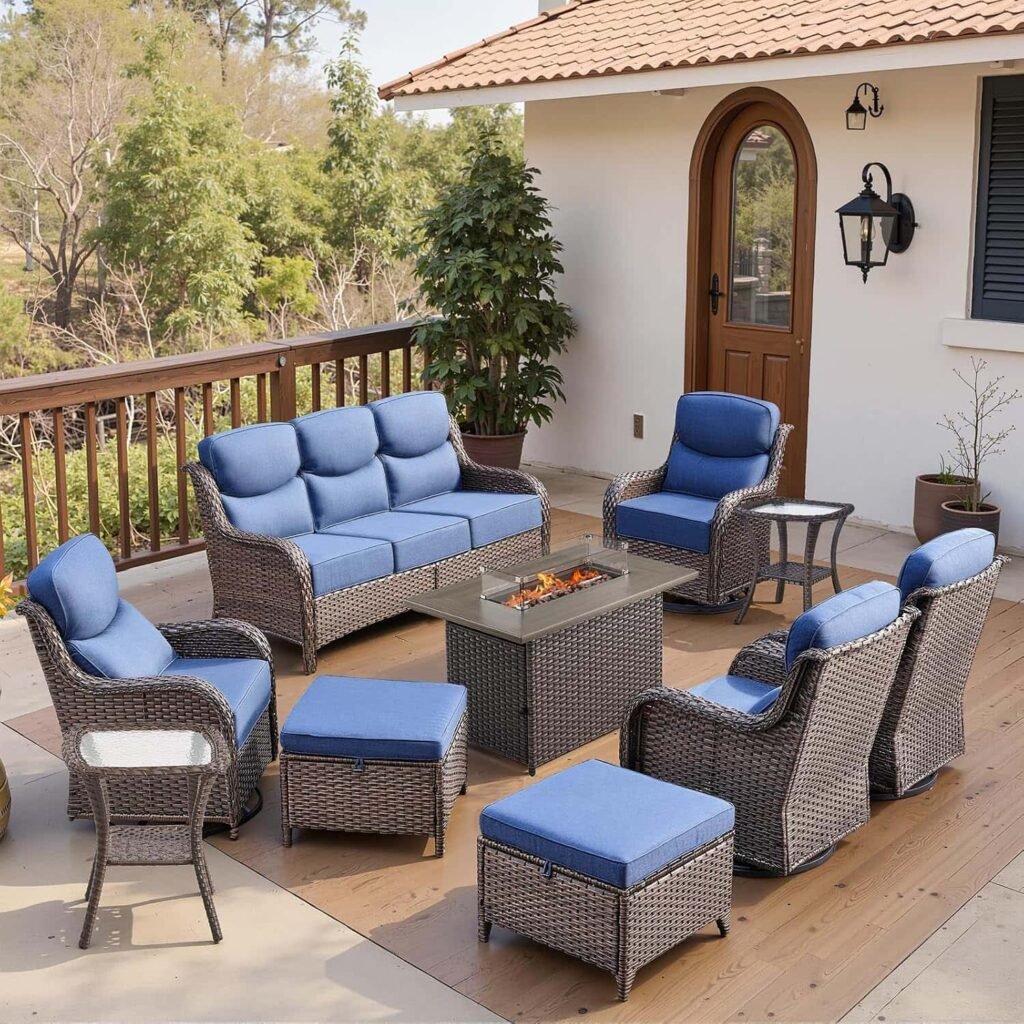 Belord 10-Piece Luxury Patio Furniture Set with 6-Inch Thick Cushions and Fire Pit Table