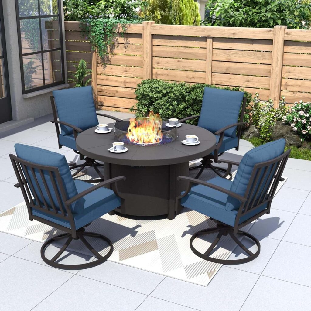 Kurapika 5-Piece Modern Metal Outdoor Patio Furniture Set with Round Fire Pit Table