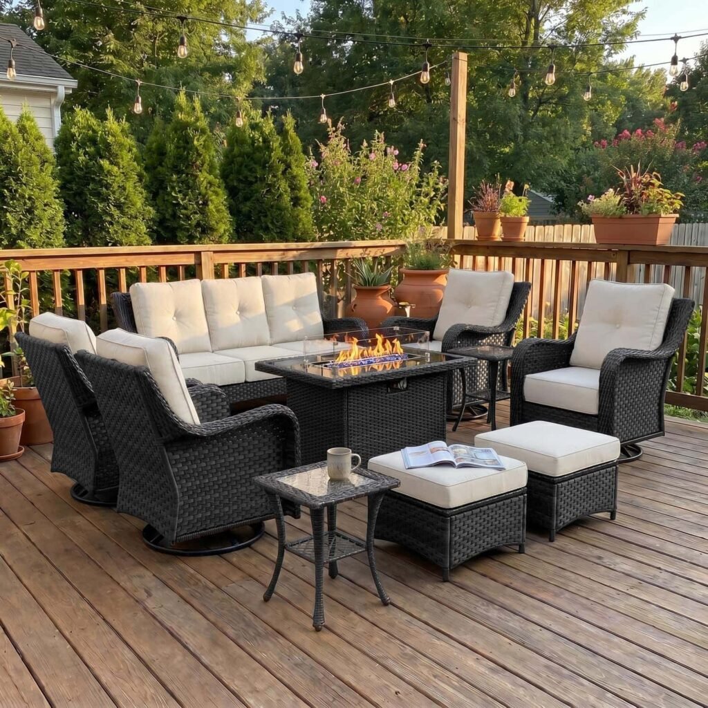 LayinSun High Back Patio Furniture Set with Swivel Rocking Chairs and Fire Pit Table