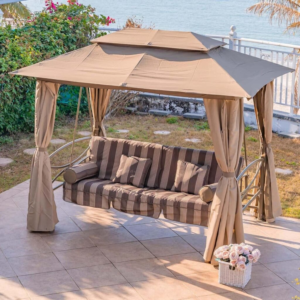 PURPLE LEAF 3-Person Outdoor Patio Porch Swing Gazebo with Netting