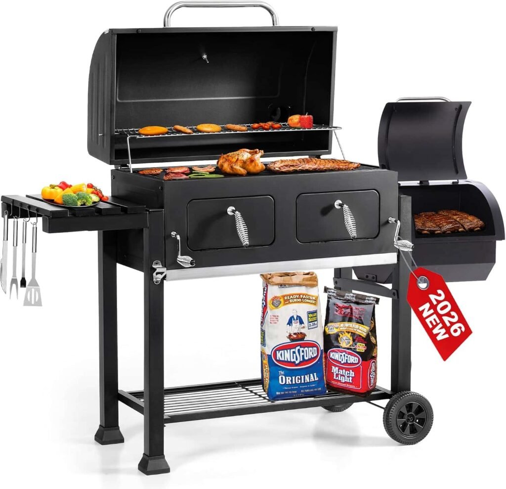 GREEN PARTY 30-Inch Barrel Charcoal Grill and Offset Smoker