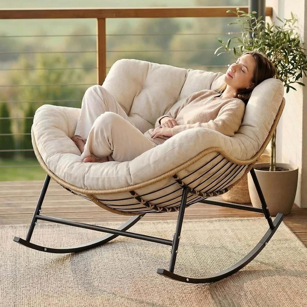 SWITTE Outdoor Papasan Rocking Chair with Thick Cushion