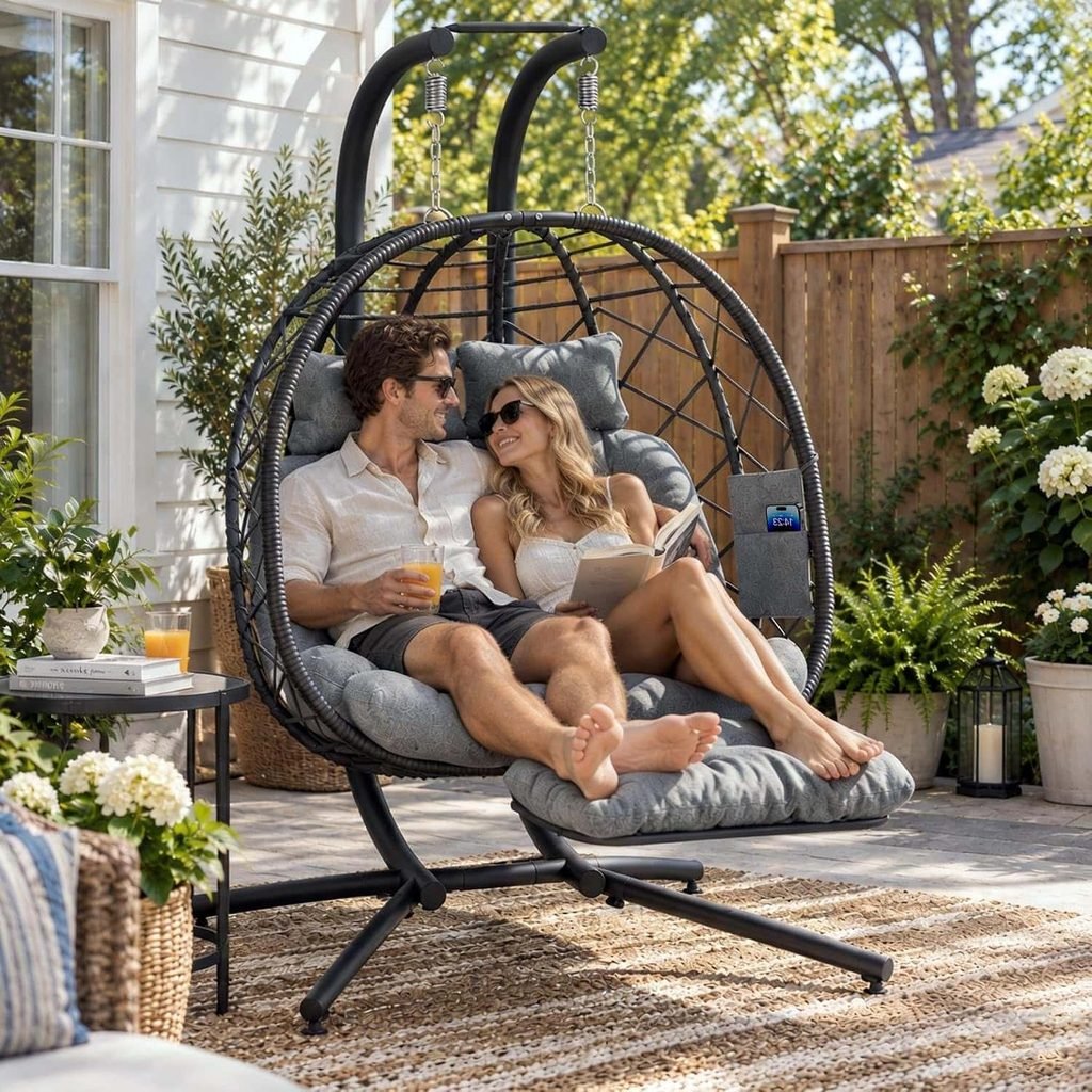 Suteck Double Hanging Egg Chair with Adjustable Footrest & Stand